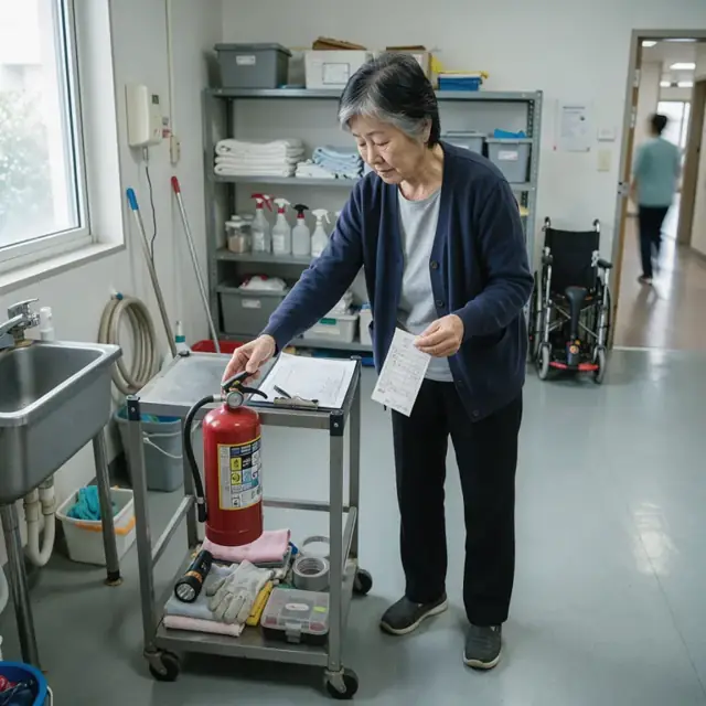 a residential care facility utility room with a fire extinguisher inspection tag and a maintenance clipboard