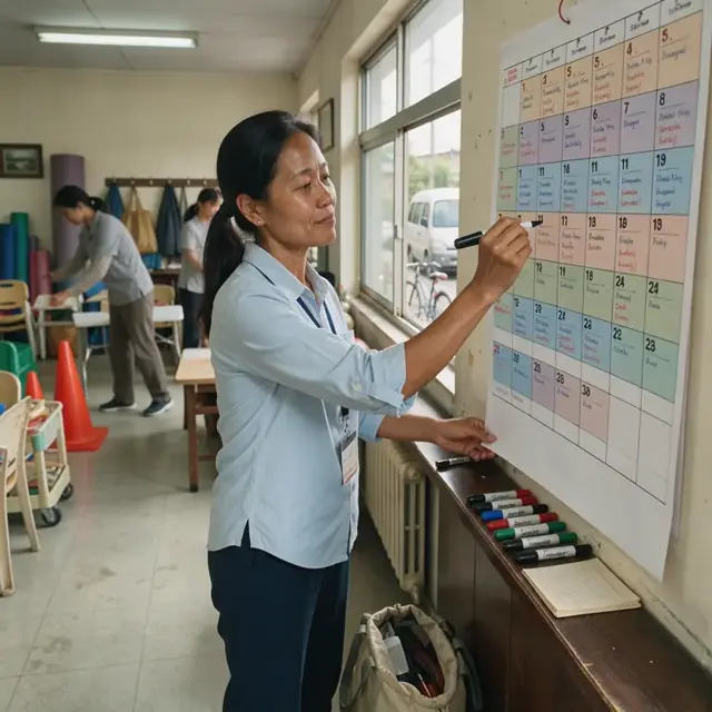 a worker standing at a wall calendar in a community center marking activity times and staff names for multiple groups