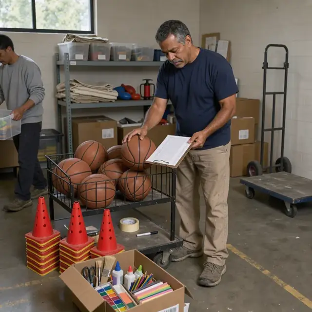 a worker in a storage room counting basketballs, cones and art supplies while checking against a clipboard inventory list