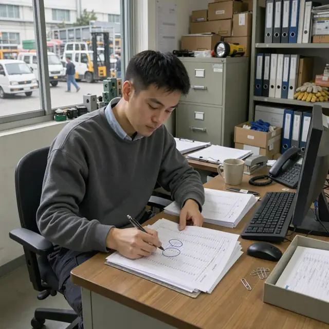 a worker reviewing printed visit logs and circling hours on a spreadsheet printout at an office desk