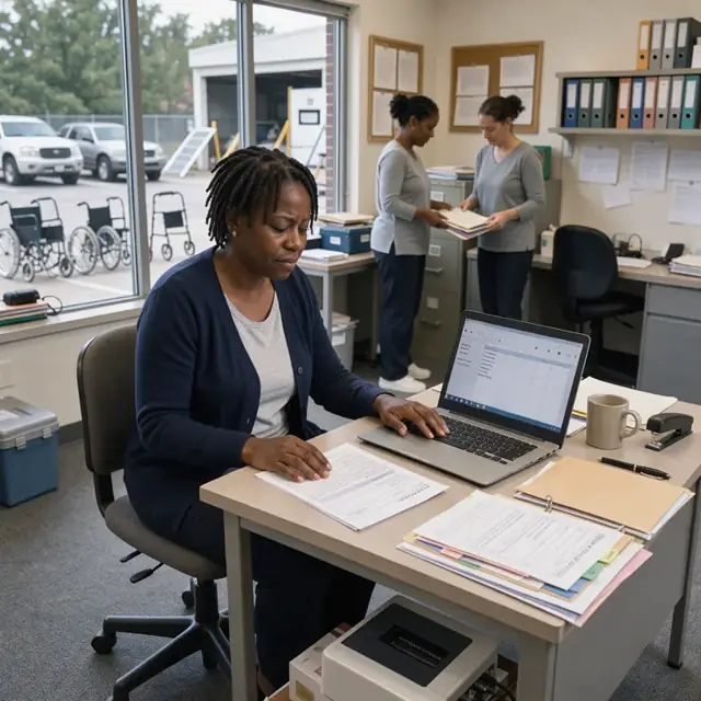 a worker at a desk entering visit details from aide reports into a laptop with client files open nearby