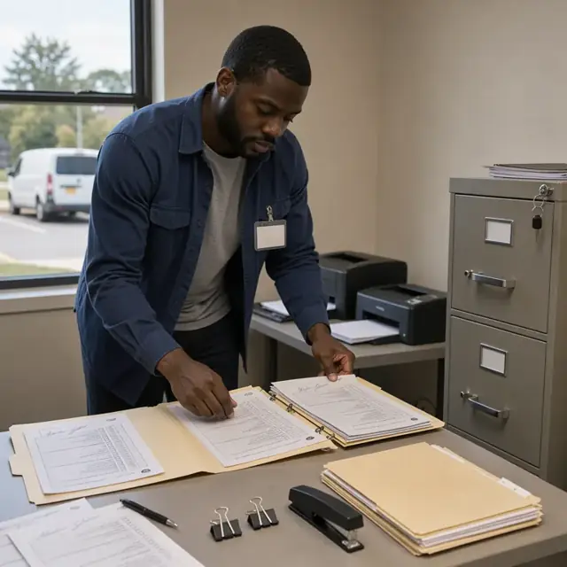 a worker arranging signed consent forms, session notes and service logs into an open file folder on a desk with a locked cabinet nearby