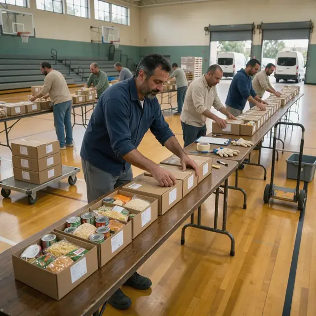 a worker arranging labeled food boxes on tables in rows inside a large community center gym