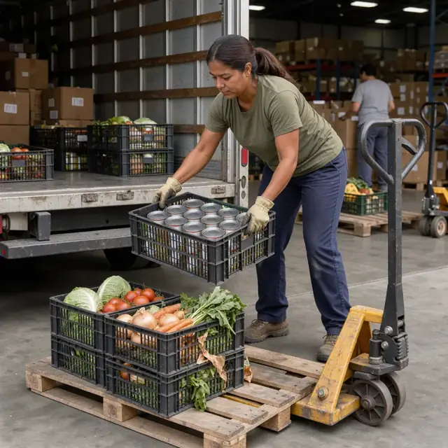 a worker unloading crates of canned goods and fresh produce from a truck onto a pallet jack inside a food pantry warehouse