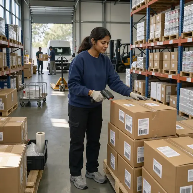 a worker scanning barcodes on cases of food stacked on metal shelving in a food pantry warehouse