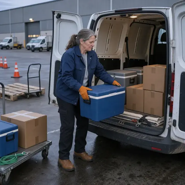 a worker loading insulated coolers and cardboard boxes into the back of a cargo van at dawn outside a warehouse
