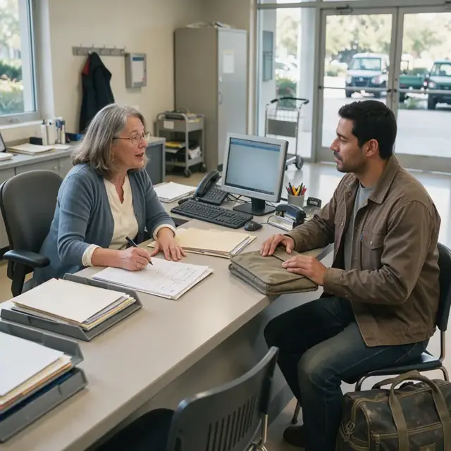 a staff member seated at an intake desk filling out forms while speaking with a new arrival seated across the counter in a well-lit lobby