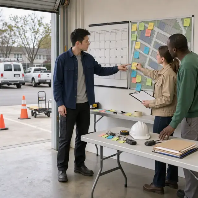 a coordinator pointing at a large wall calendar and property map while updating colored sticky notes representing open units