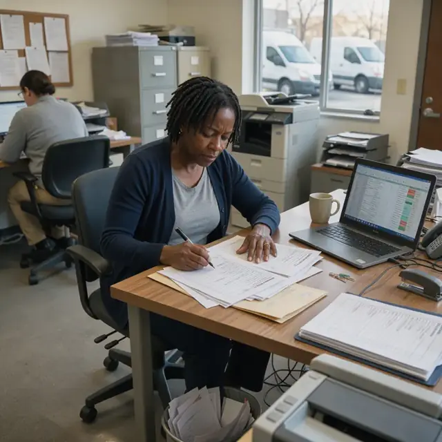 a worker at a desk reviewing handwritten intake forms next to a laptop displaying a waitlist spreadsheet in a quiet office