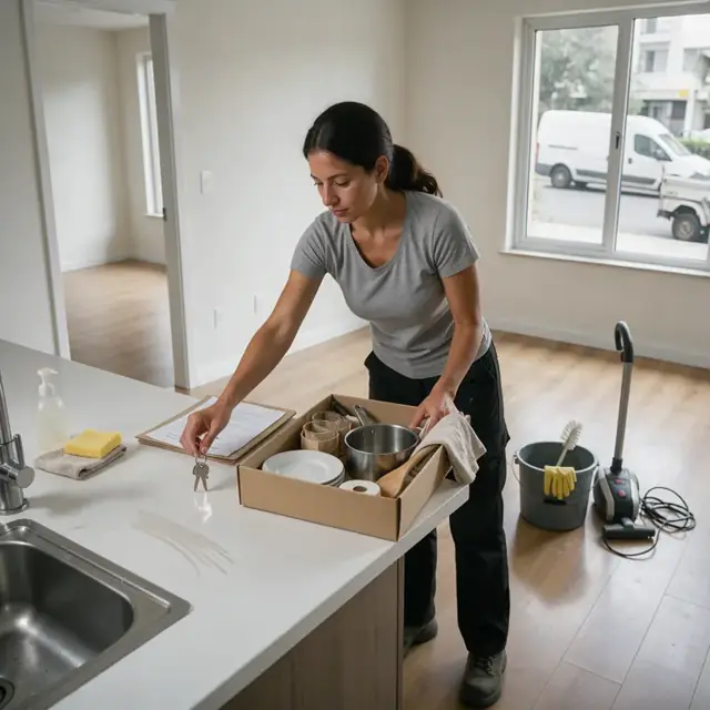 a worker placing keys, a folder of paperwork and a box of basic kitchen items on a newly cleaned countertop inside an empty apartment