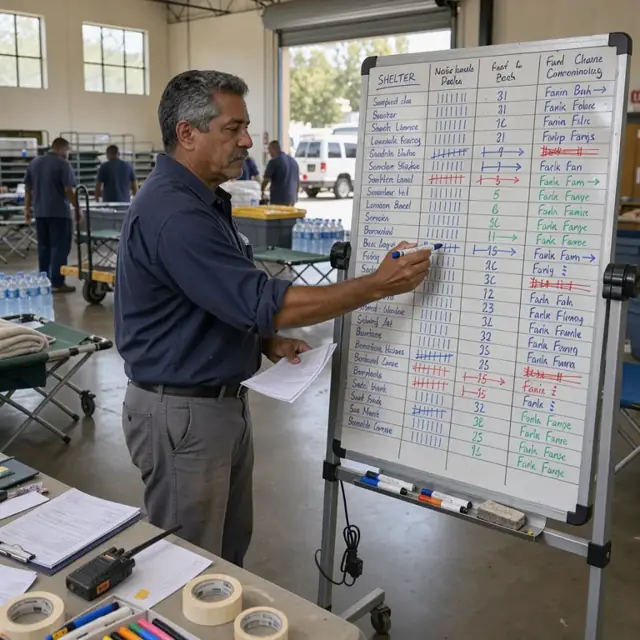 a worker updating a large dry-erase board that shows shelter locations, bed counts and family assignments