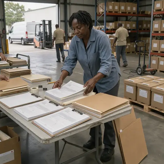 a worker at a table organizing stacks of printed forms, clipboards and folders into labeled boxes for archival storage