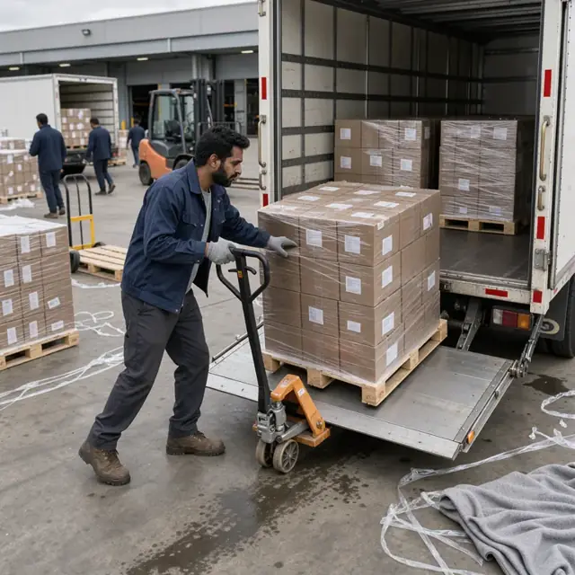 a worker loading shrink-wrapped pallets of relief supplies into the back of a box truck at a distribution center