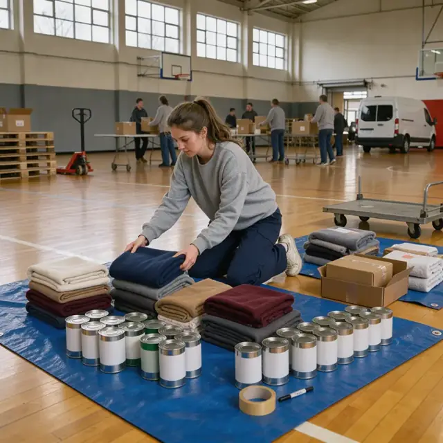 a worker sorting through piles of donated blankets and canned food on a tarp in a large gymnasium