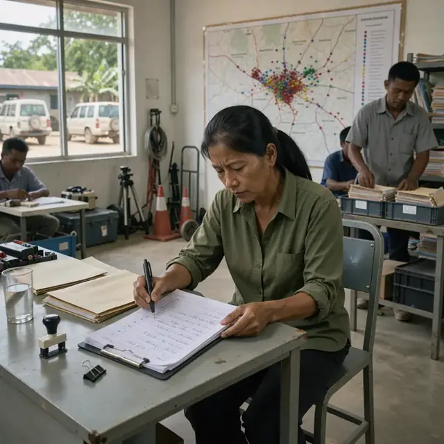 a worker at a desk reviewing handwritten intake forms next to a large wall map marked with colored pins