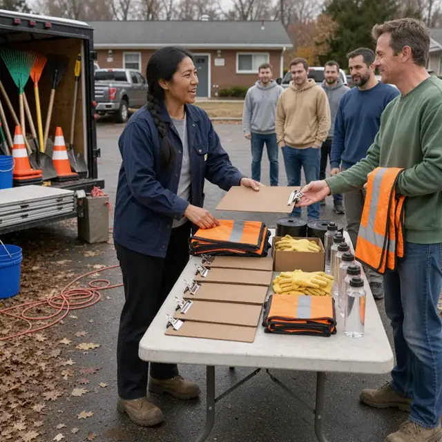 a worker standing at a folding table outside a community center distributing clipboards and vests to a line of volunteers
