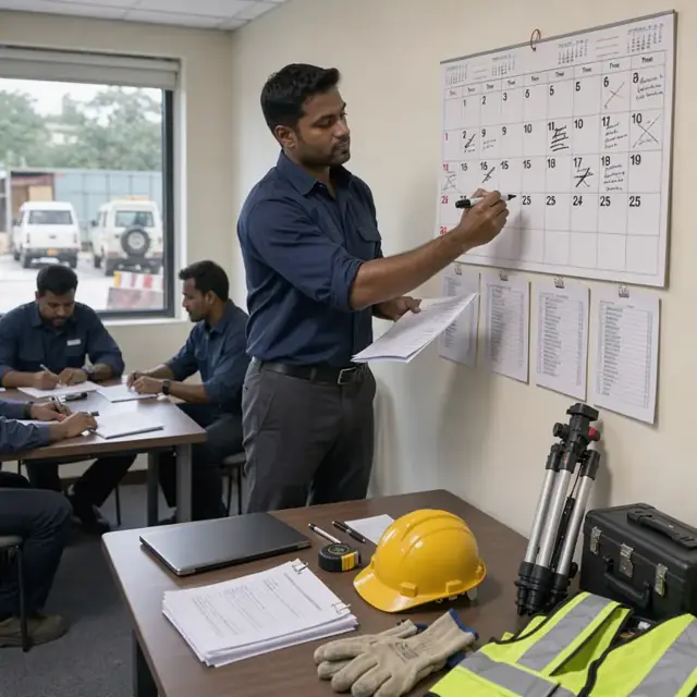 a worker reviewing assessment notes and writing on a wall calendar in a meeting room