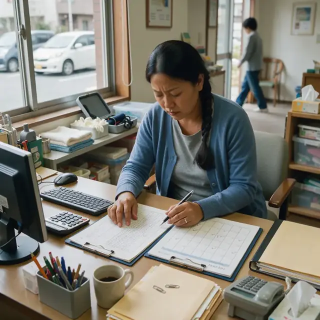 a caregiver at a desk comparing attendance logs against a monthly billing calendar