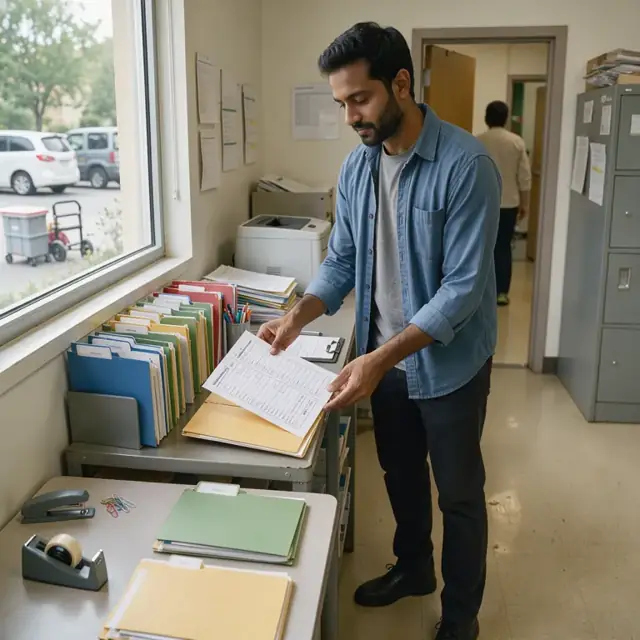 a caregiver organizing child folders with immunization records and permission forms on a filing shelf