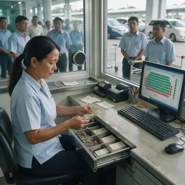 a box office attendant at a ticket window counting cash and tickets beside a computer monitor showing seat availability