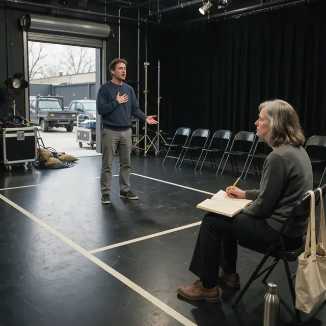 a director sitting in a black box theater watching an actor perform a monologue on a taped-out stage with a notebook in hand