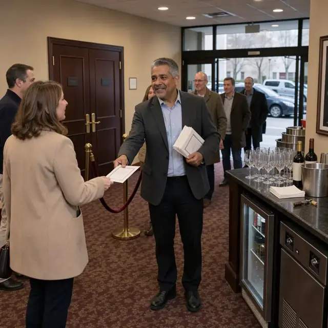 an usher in a theater lobby handing programs to arriving patrons near a concessions counter with wine glasses
