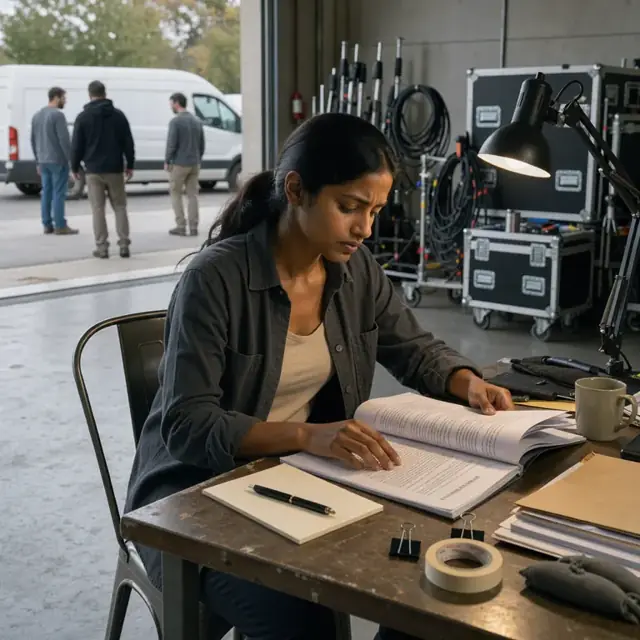 a production coordinator at a desk reviewing a thick script and license agreement under a work light with a pen and notepad nearby