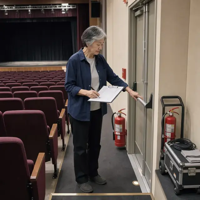 a stage manager checking emergency exit doors and fire extinguishers with a clipboard checklist in an empty theater auditorium