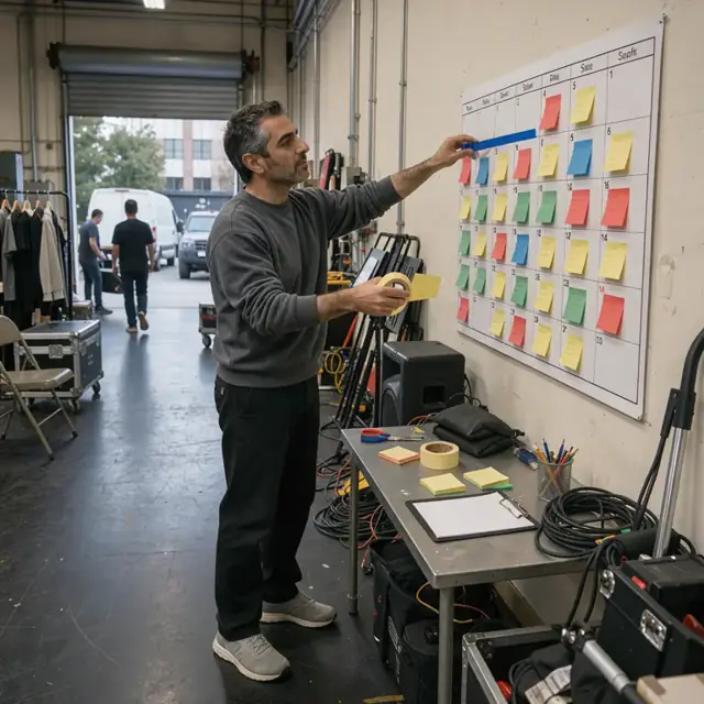 a production coordinator standing at a large wall calendar in a rehearsal hall marking rehearsal blocks with colored tape and sticky notes