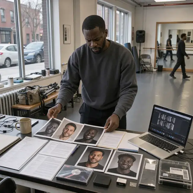 a dance studio counter with printed headshots resumes and audition reels laid out in organized rows beside an open laptop