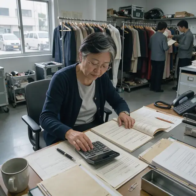 a theater office desk holding open contracts a calculator and printed settlement forms with costume racks in the background