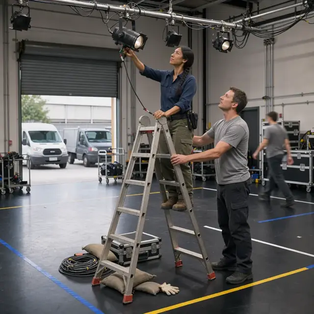 a technician on a ladder adjusting stage lights above a black sprung dance floor marked with spike tape