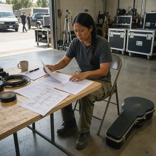 a musician reviewing contract papers and a technical rider diagram spread across a table with an instrument case nearby