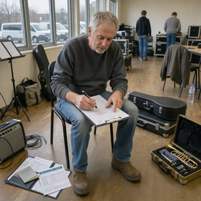 a musician reviewing a checklist and expiration calendar on a clipboard next to instrument cases and travel documents in a practice room