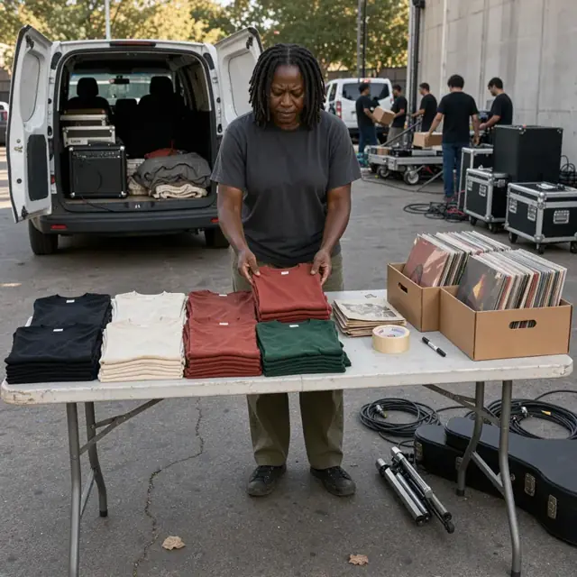 a musician organizing stacks of t-shirts and vinyl records on a folding table before a show