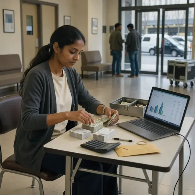 an accountant at a small table in a theater lobby counting cash and tickets next to a laptop showing sales reports