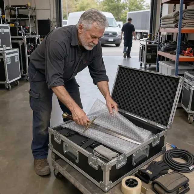 a technician carefully wrapping a prop sword in bubble wrap inside an open road case in a backstage storage area