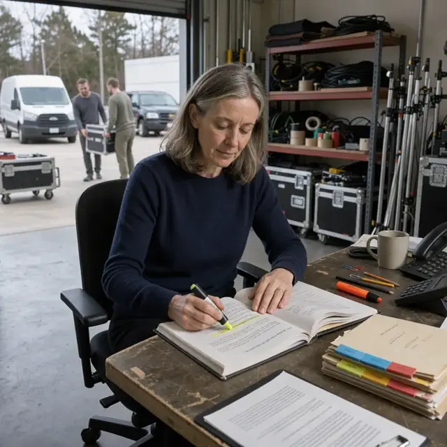 a production coordinator at a desk reviewing a thick script with a highlighter while referencing a stack of music licensing folders