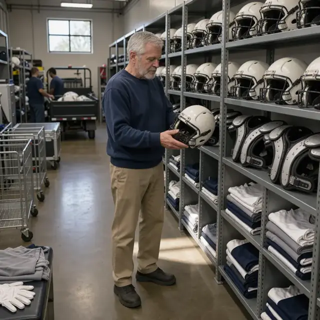 a person inspecting rows of neatly arranged helmets, shoulder pads and jerseys on metal shelving inside a team equipment room