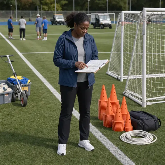 a person standing on the sideline of a freshly lined soccer field reviewing a clipboard schedule next to stacked orange cones and goal nets