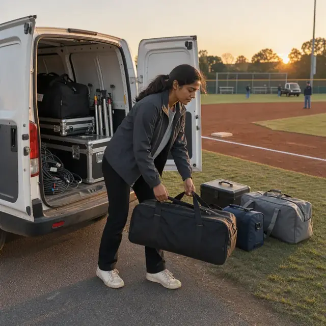 a person unloading equipment bags from the back of a van onto a sideline next to a prepared baseball field at sunrise