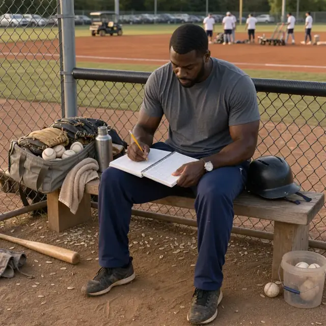a person sitting in the dugout after a game entering scores and player statistics into a notebook with the field visible in the background