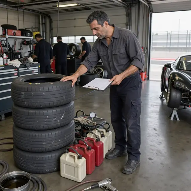 a technician checking stacked racing tires and fuel jugs against an inventory clipboard in a trackside garage