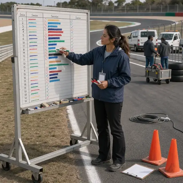 an official updating a large schedule board with colored markers showing session times beside a racetrack