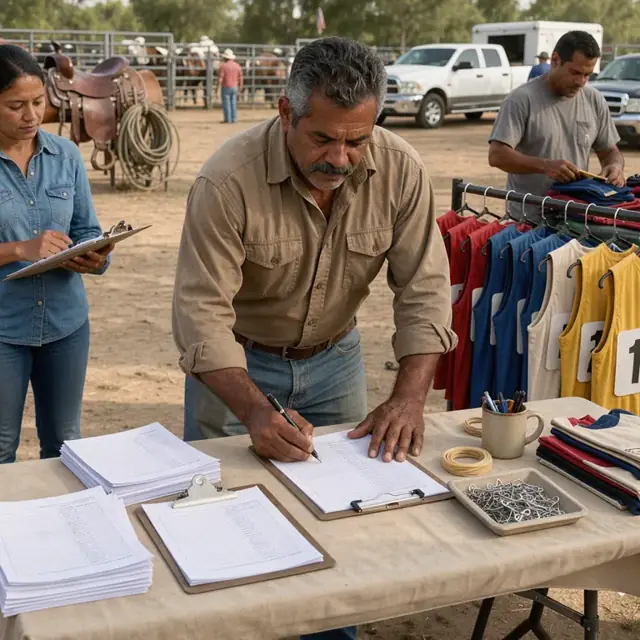 a registration table at a rodeo grounds with stacks of entry forms, clipboards and a row of numbered competitor vests