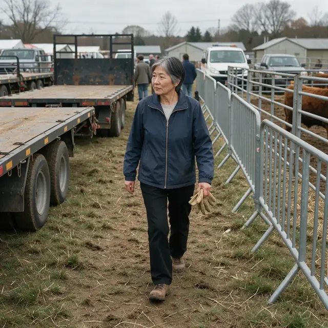 a row of heavy equipment trailers and metal crowd barriers parked on a grassy lot next to a livestock pen at an event grounds
