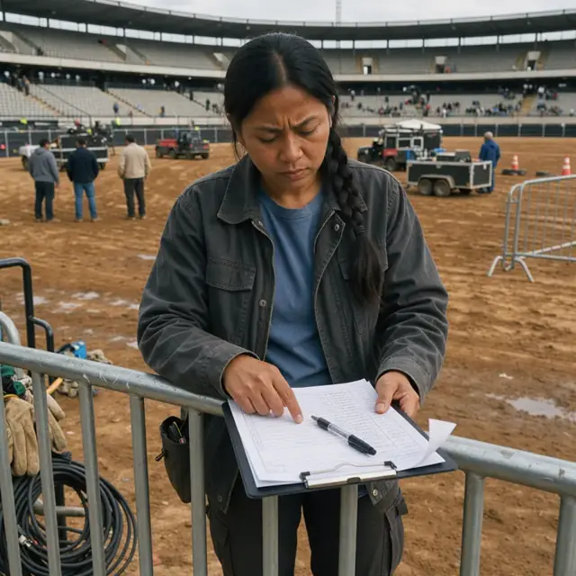 a production clipboard resting on a metal barrier at an outdoor stadium with a dirt arena and grandstands visible in the background