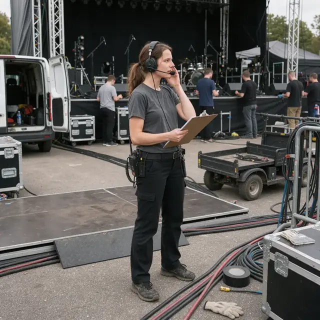 a worker with a headset and clipboard standing at the edge of a performance stage during technical rehearsal