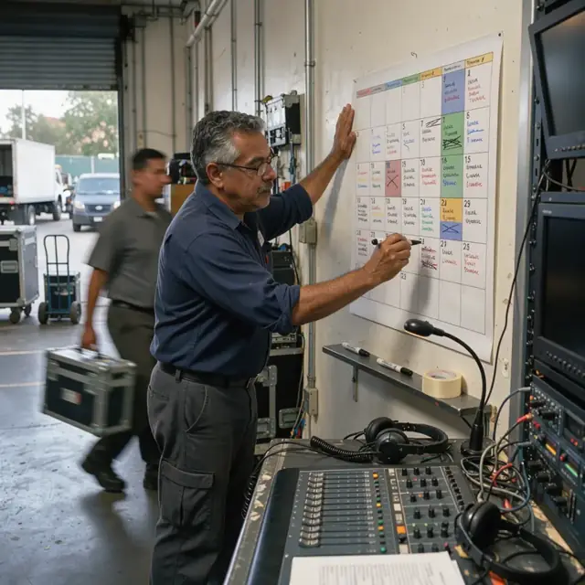 a worker marking load-in and strike times on a large printed wall calendar in a theater control room