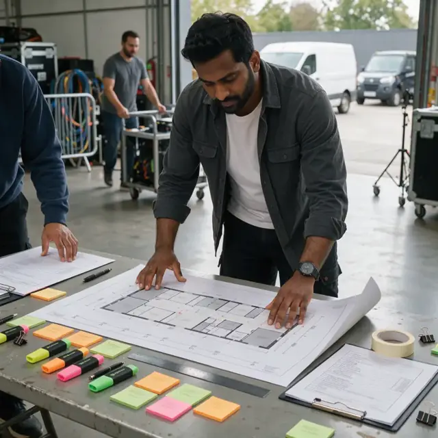 a coordinator spreading venue floor plans and permit applications across a table covered with highlighters and sticky notes